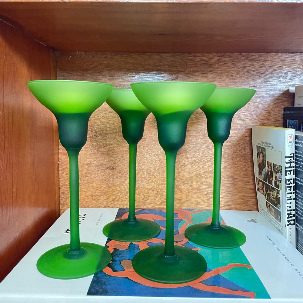 Vintage MCM Candle Holders Green Satin Glass